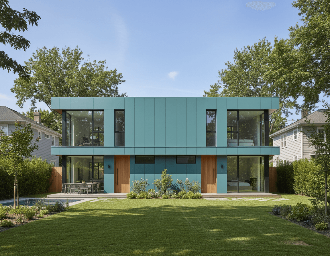 Duplex exterior seen from the garden lawn