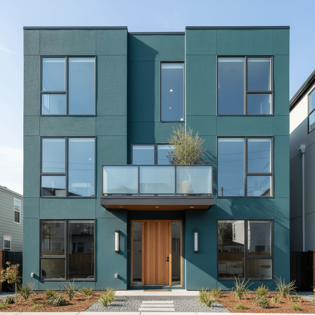 Townhouse frontage with a paved path and low planting