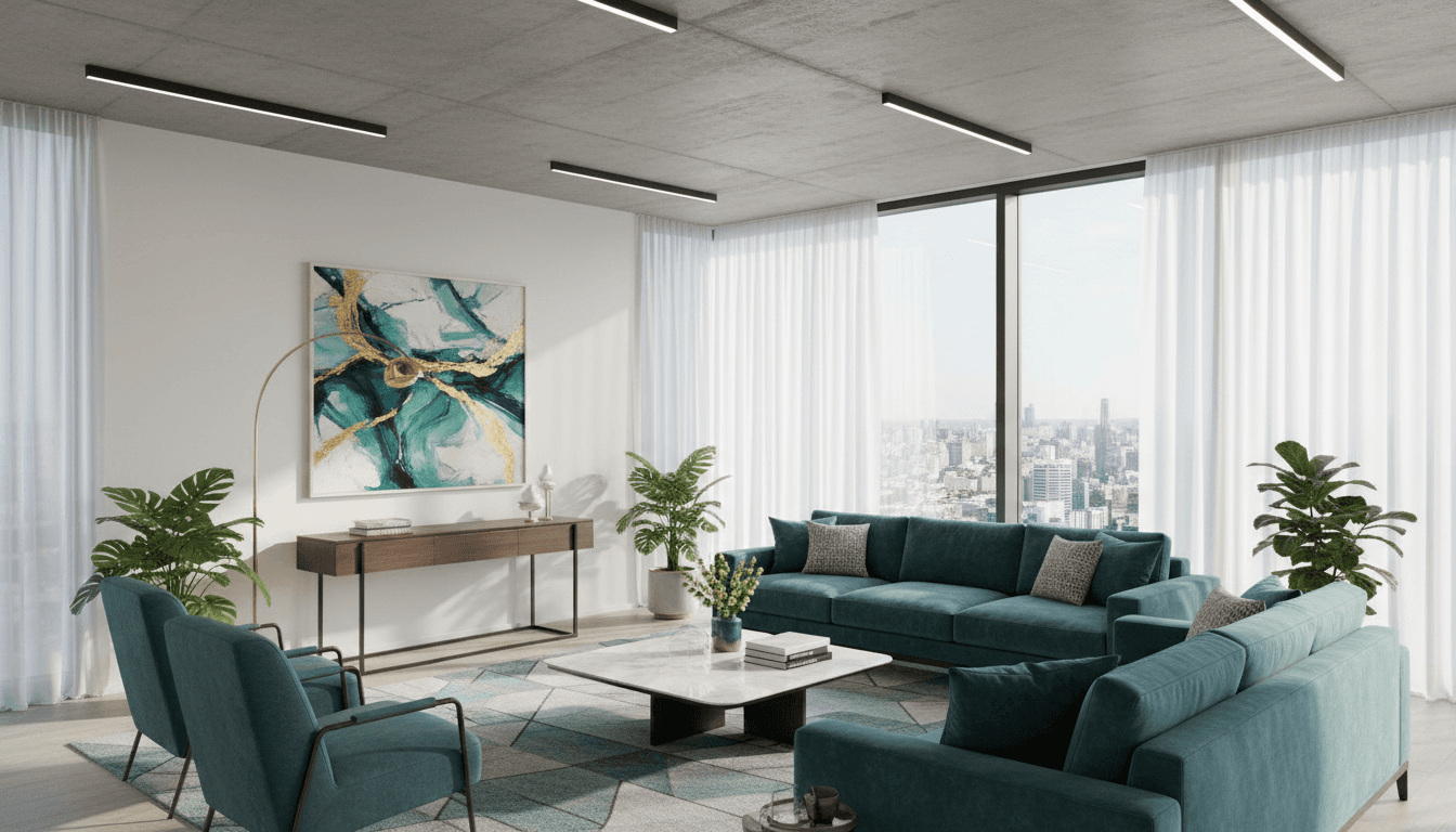 Living room of a two-bedroom apartment with teal sofas and a city view